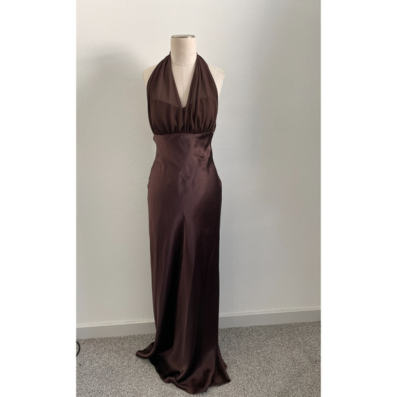 Vintage 90s Y2K Betsy & Adam Dress Women 8 Satin Halter Neck Prom Fishtail Brown - Picture 1 of 12